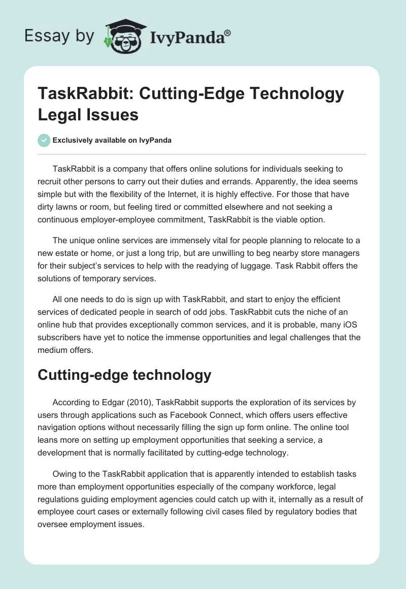 TaskRabbit: Cutting-Edge Technology Legal Issues. Page 1