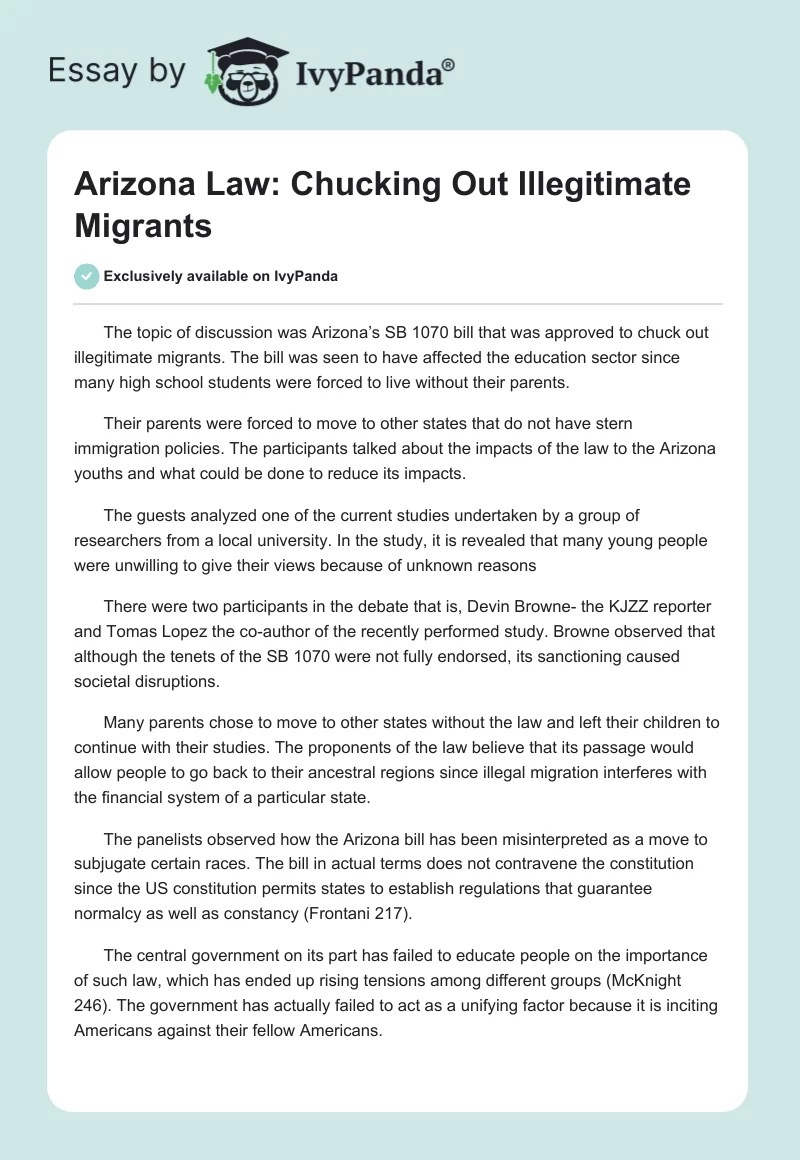 Arizona Law: Chucking Out Illegitimate Migrants. Page 1