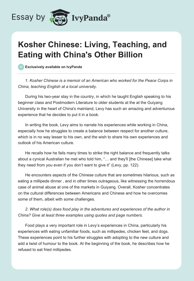 Kosher Chinese: Living, Teaching, and Eating with China's Other Billion. Page 1