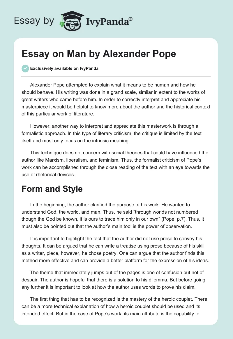 "Essay on Man" by Alexander Pope. Page 1