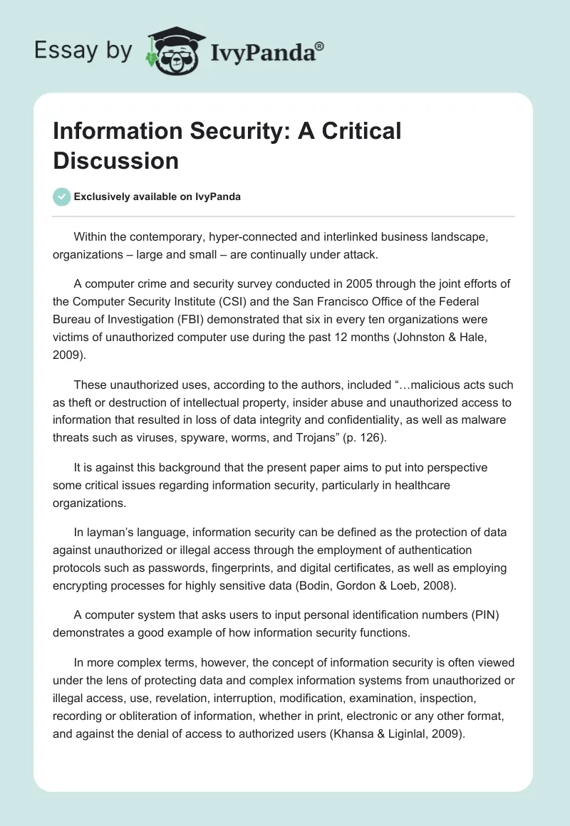 Information Security: A Critical Discussion. Page 1