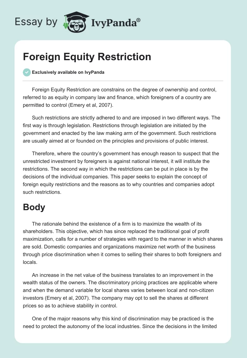 Foreign Equity Restriction. Page 1