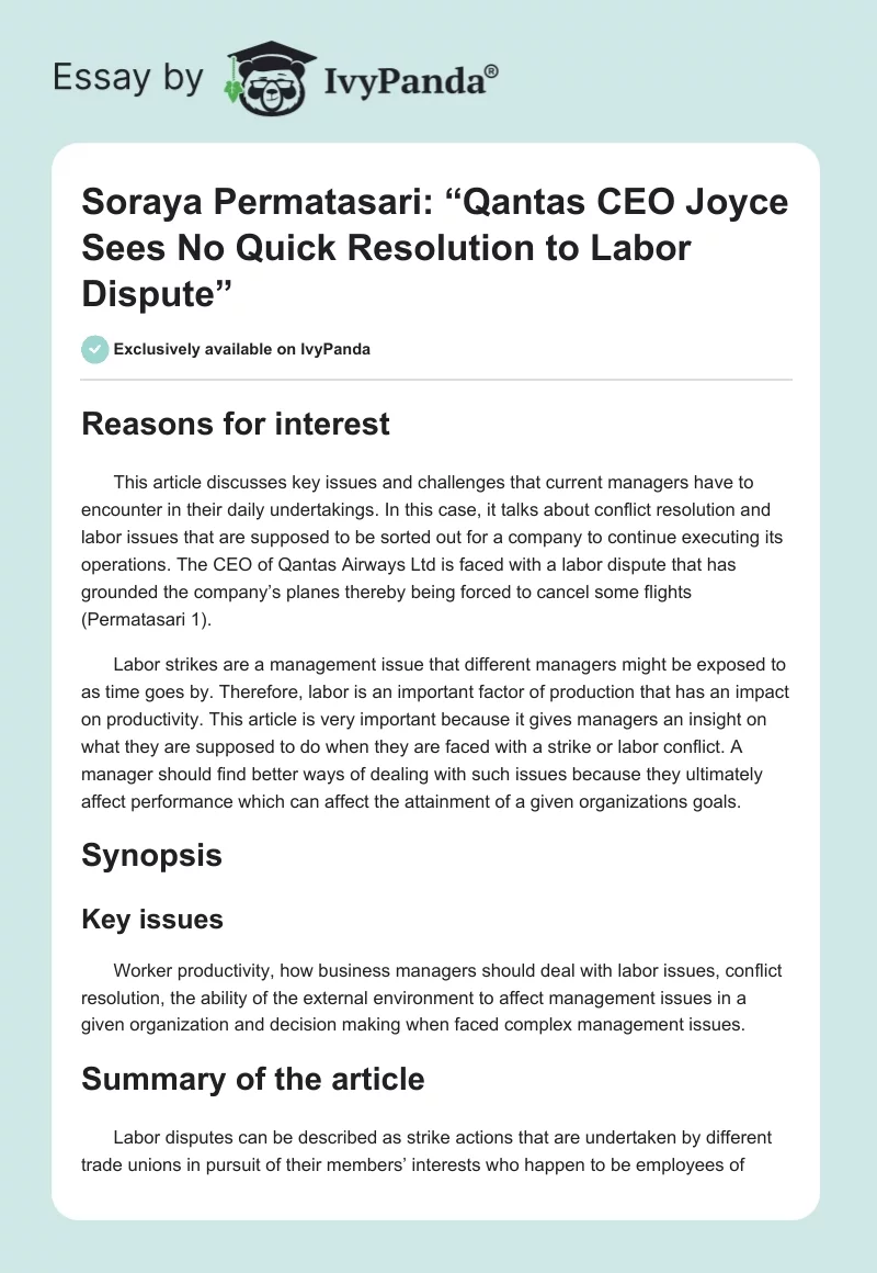 Soraya Permatasari: “Qantas CEO Joyce Sees No Quick Resolution to Labor Dispute”. Page 1