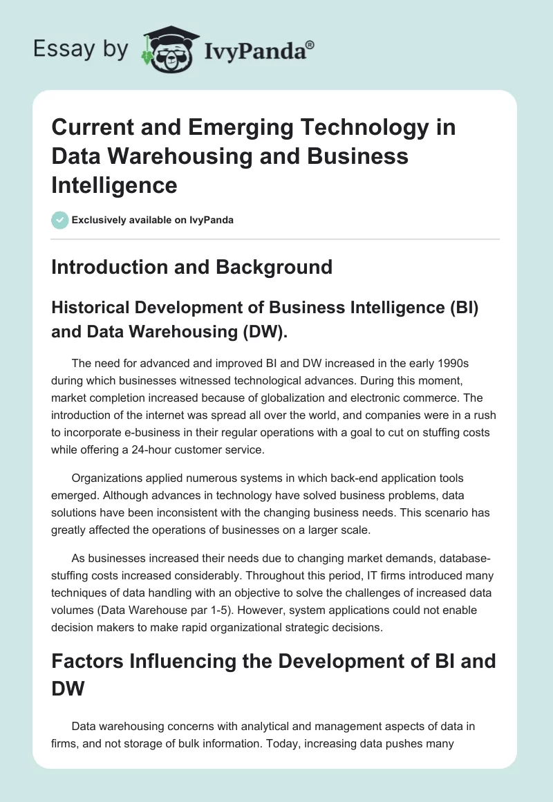 Current and Emerging Technology in Data Warehousing and Business Intelligence. Page 1