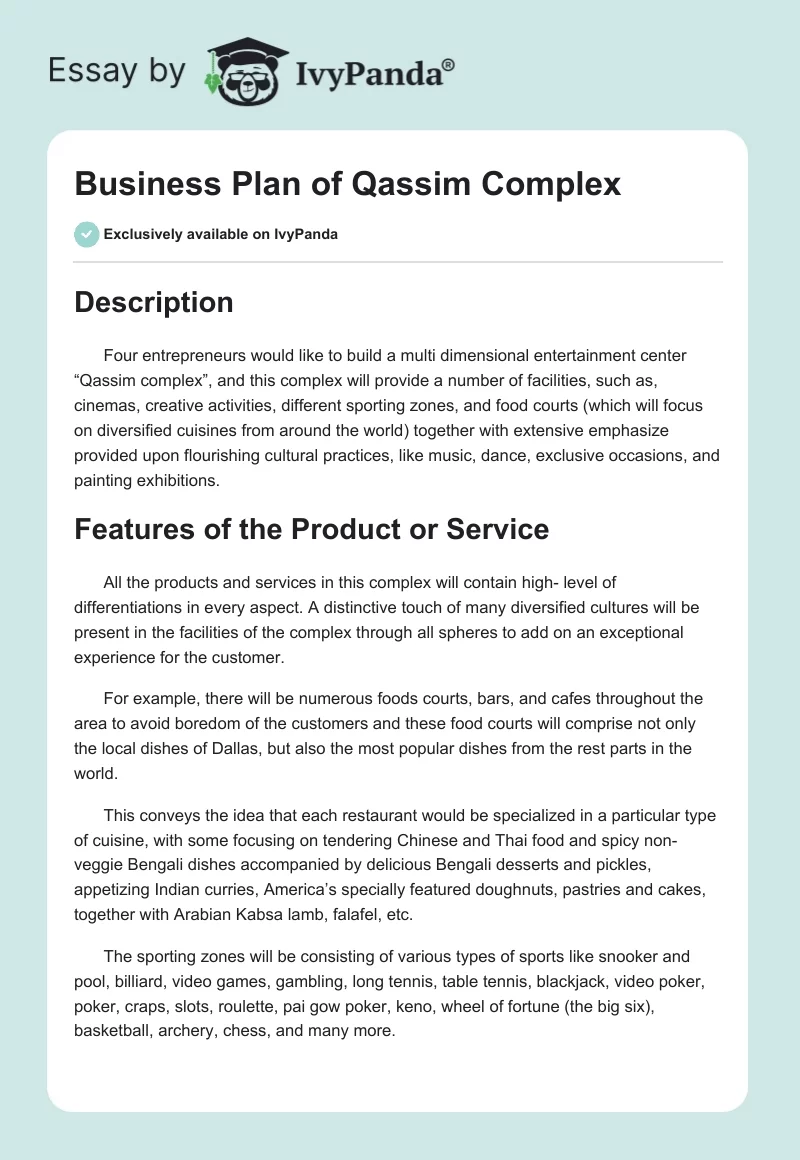 Business Plan of Qassim Complex. Page 1
