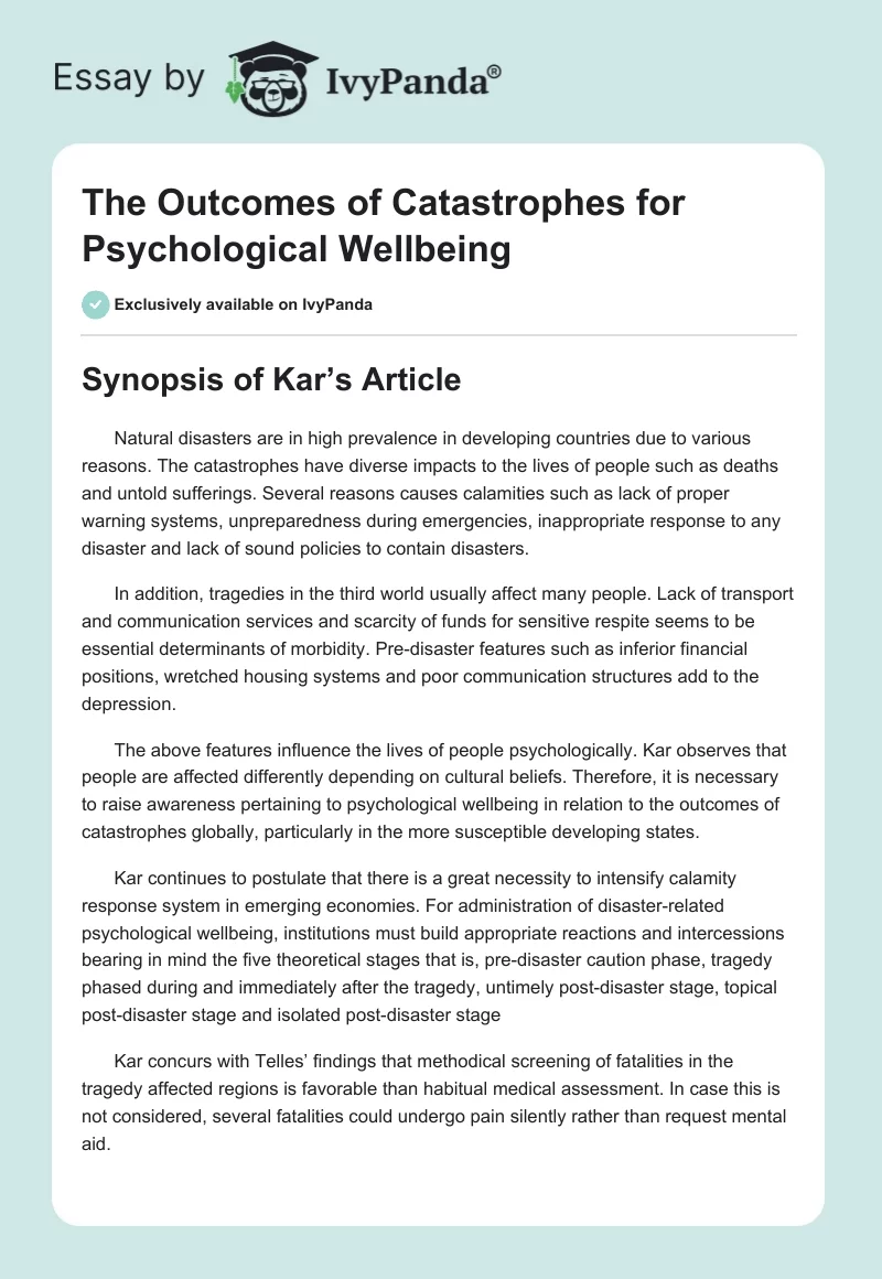 The Outcomes of Catastrophes for Psychological Wellbeing. Page 1