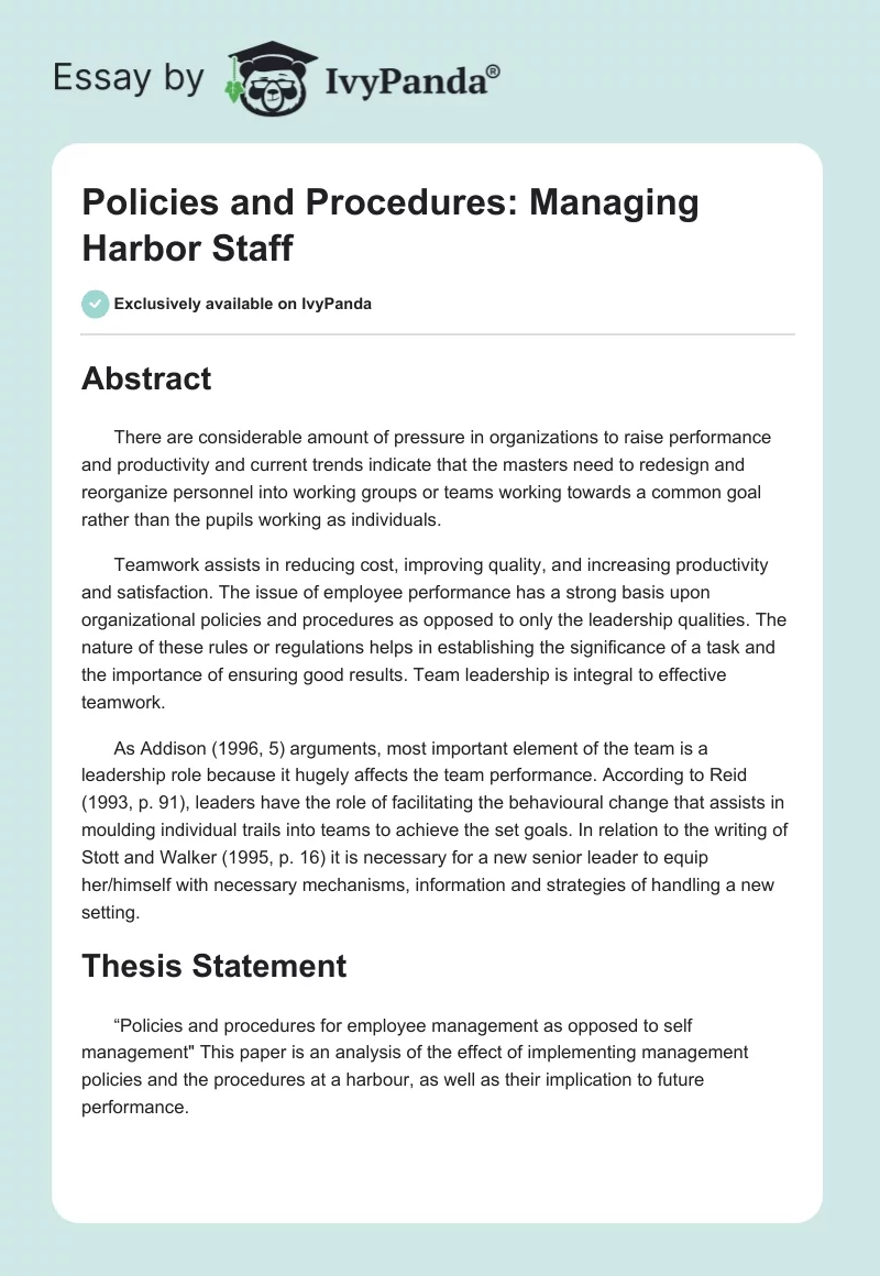 Policies and Procedures: Managing Harbor Staff. Page 1