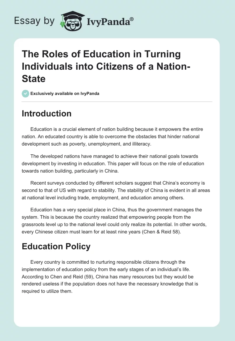 The Roles of Education in Turning Individuals into Citizens of a Nation-State. Page 1