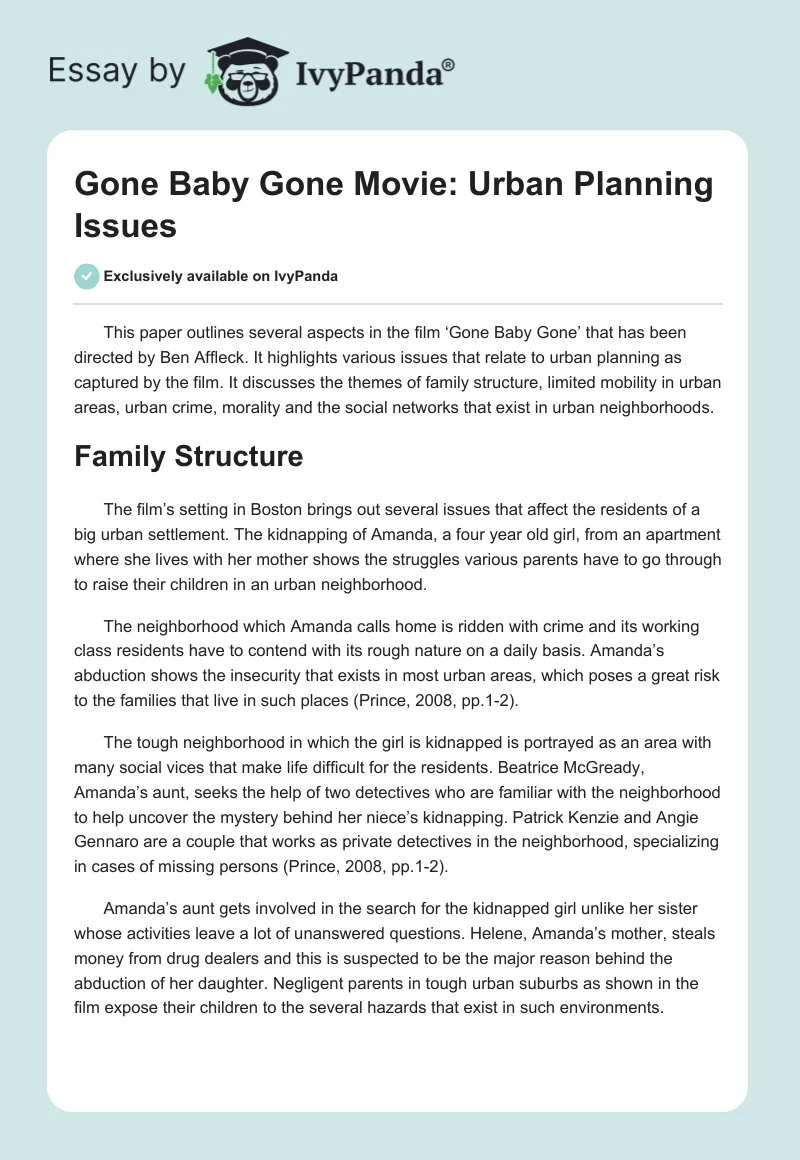 "Gone Baby Gone" Movie: Urban Planning Issues. Page 1