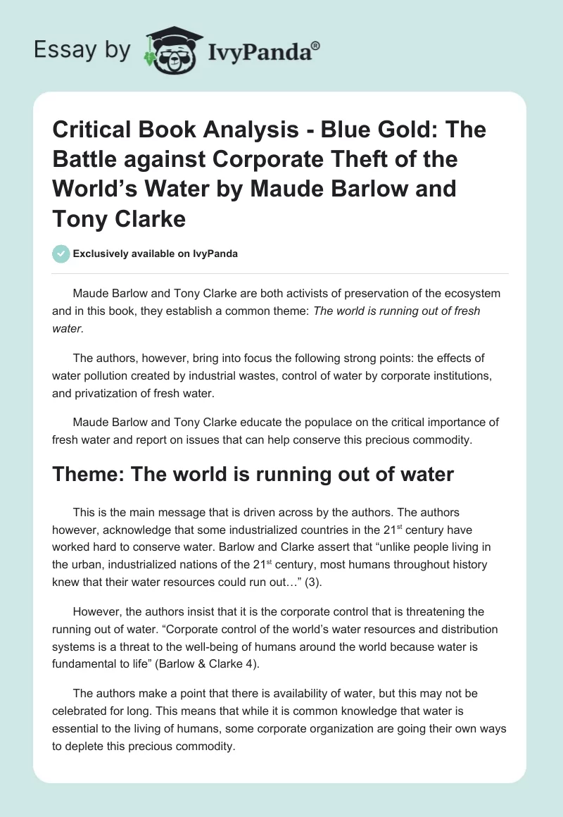 Critical Book Analysis - Blue Gold: The Battle Against Corporate Theft of the World’s Water by Maude Barlow and Tony Clarke. Page 1