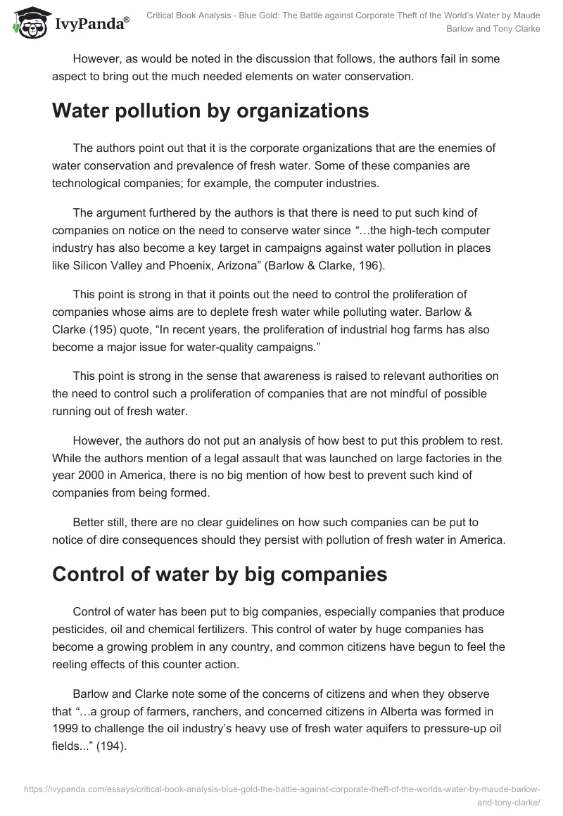 Critical Book Analysis - Blue Gold: The Battle Against Corporate Theft of the World’s Water by Maude Barlow and Tony Clarke. Page 2