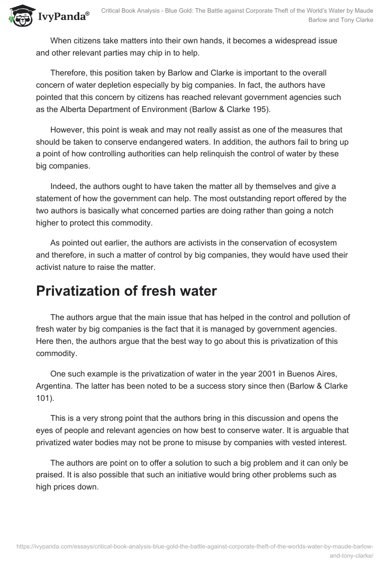 Critical Book Analysis - Blue Gold: The Battle Against Corporate Theft of the World’s Water by Maude Barlow and Tony Clarke. Page 3
