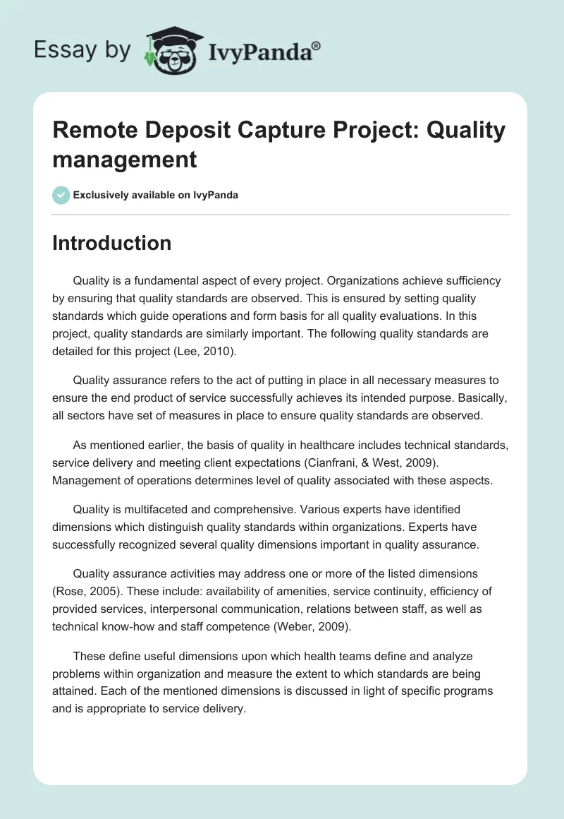 Remote Deposit Capture Project: Quality management. Page 1