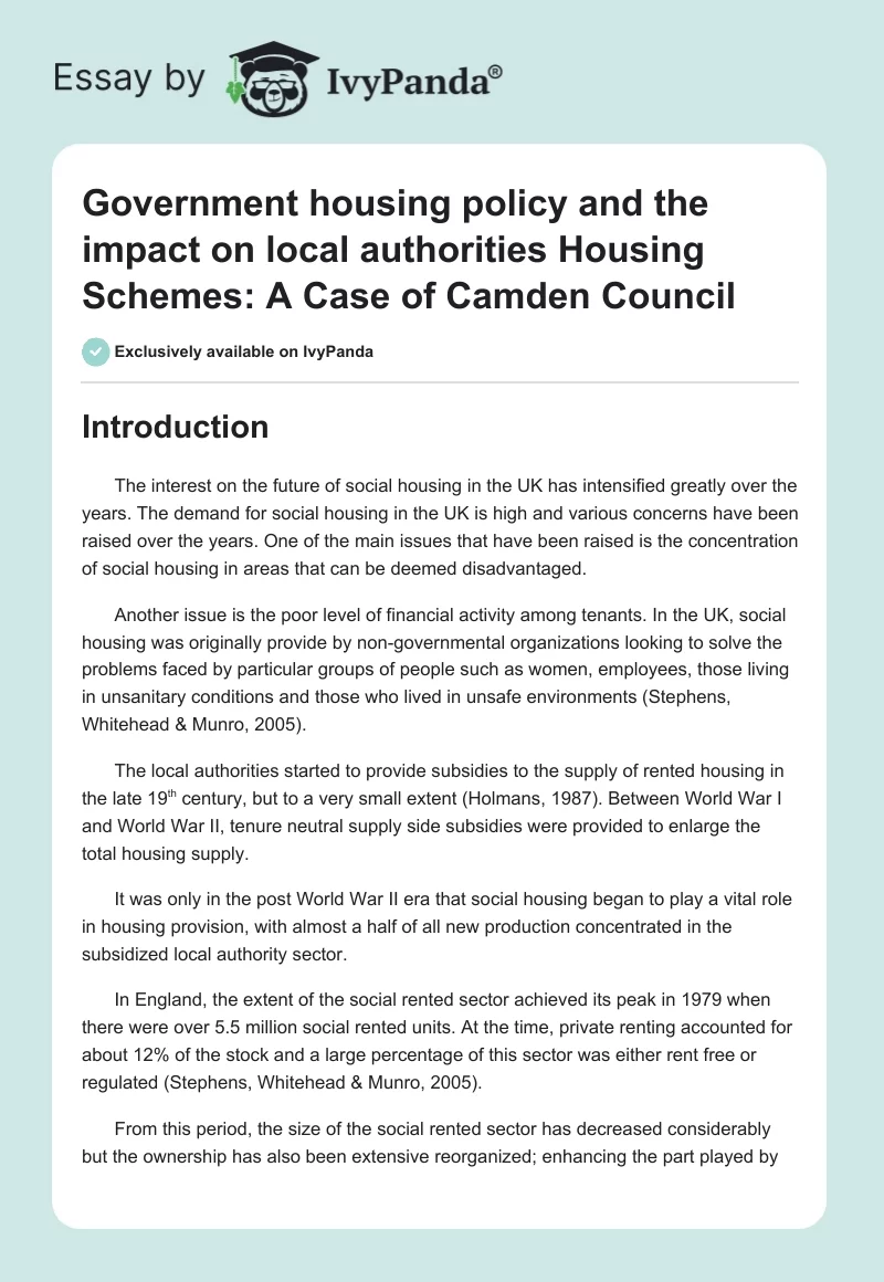 Government housing policy and the impact on local authorities Housing Schemes: A Case of Camden Council. Page 1