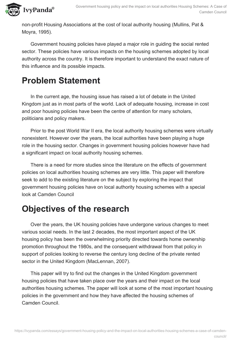 Government housing policy and the impact on local authorities Housing Schemes: A Case of Camden Council. Page 2