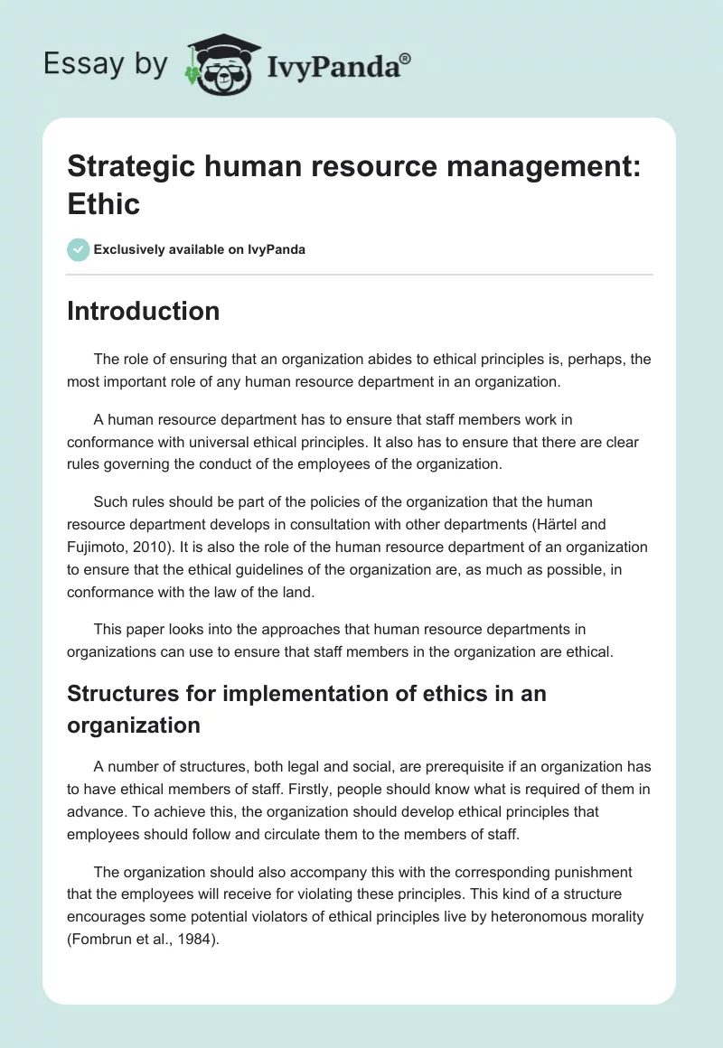 Strategic human resource management: Ethic. Page 1