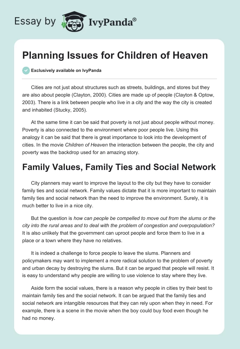 Planning Issues for Children of Heaven. Page 1
