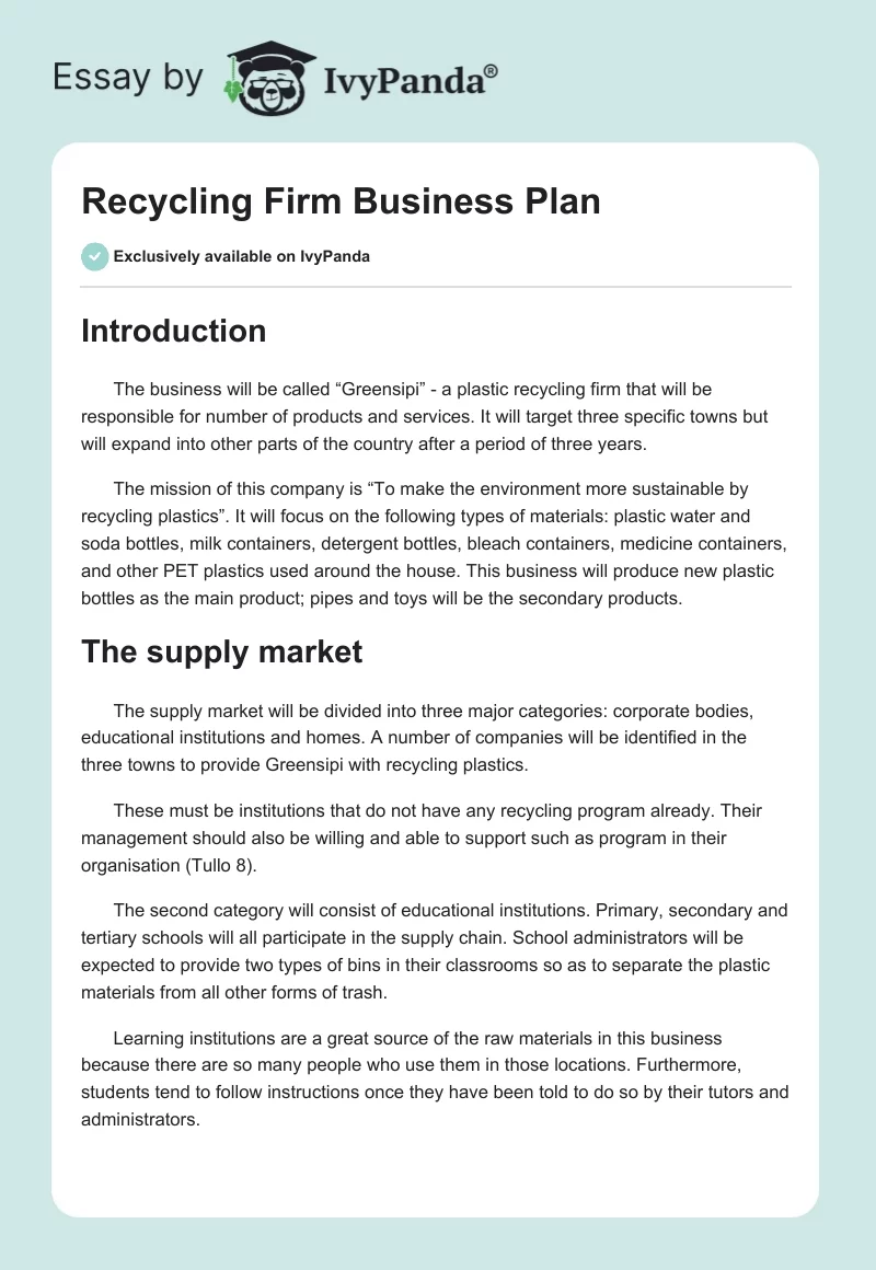 Recycling Firm Business Plan. Page 1
