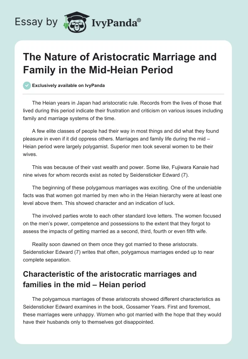 The Nature of Aristocratic Marriage and Family in the Mid-Heian Period. Page 1