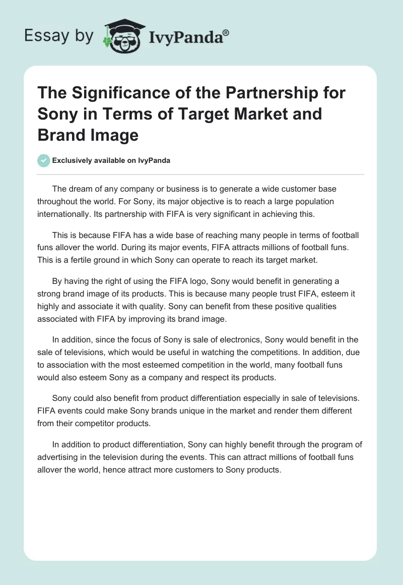 The Significance of the Partnership for Sony in Terms of Target Market and Brand Image. Page 1