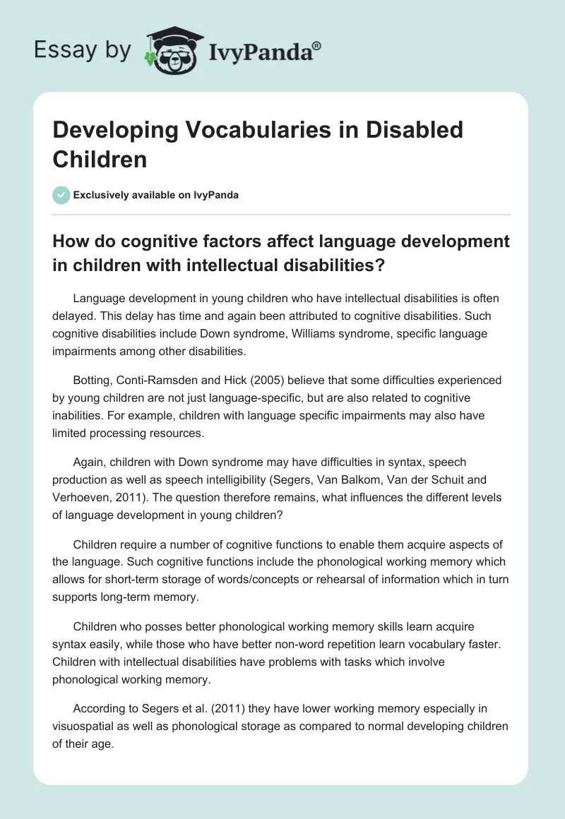 Developing Vocabularies in Disabled Children. Page 1