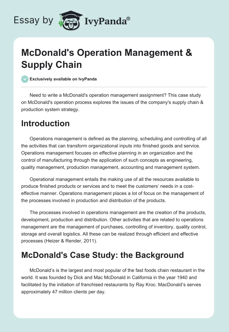 McDonald's Operation Management & Supply Chain. Page 1