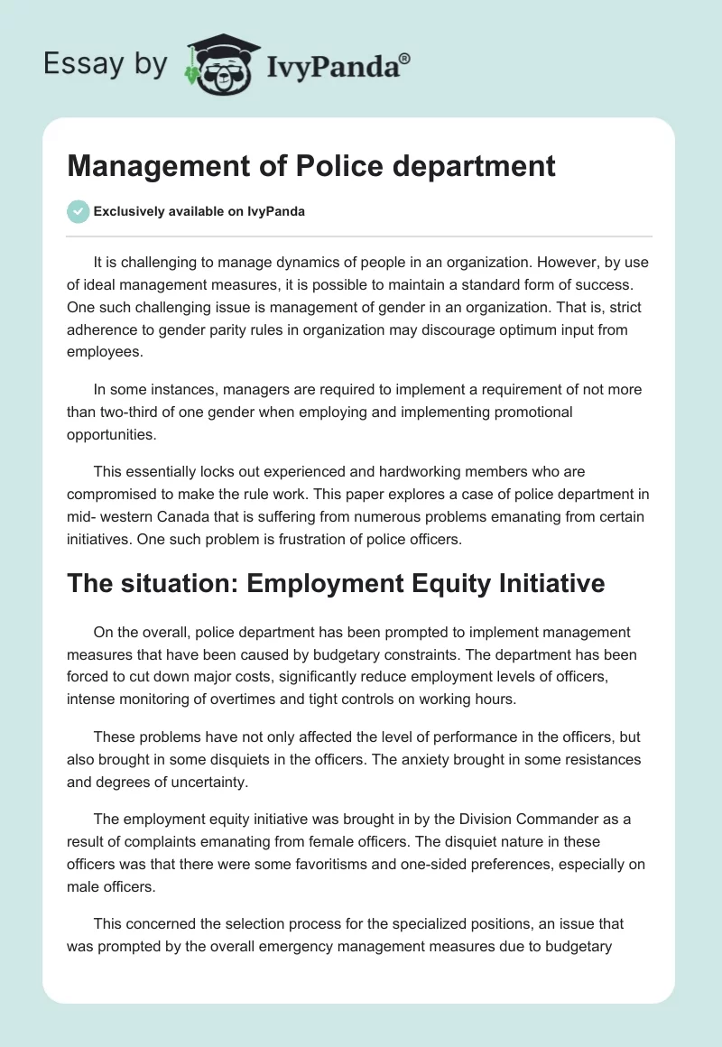 Management of Police Department. Page 1