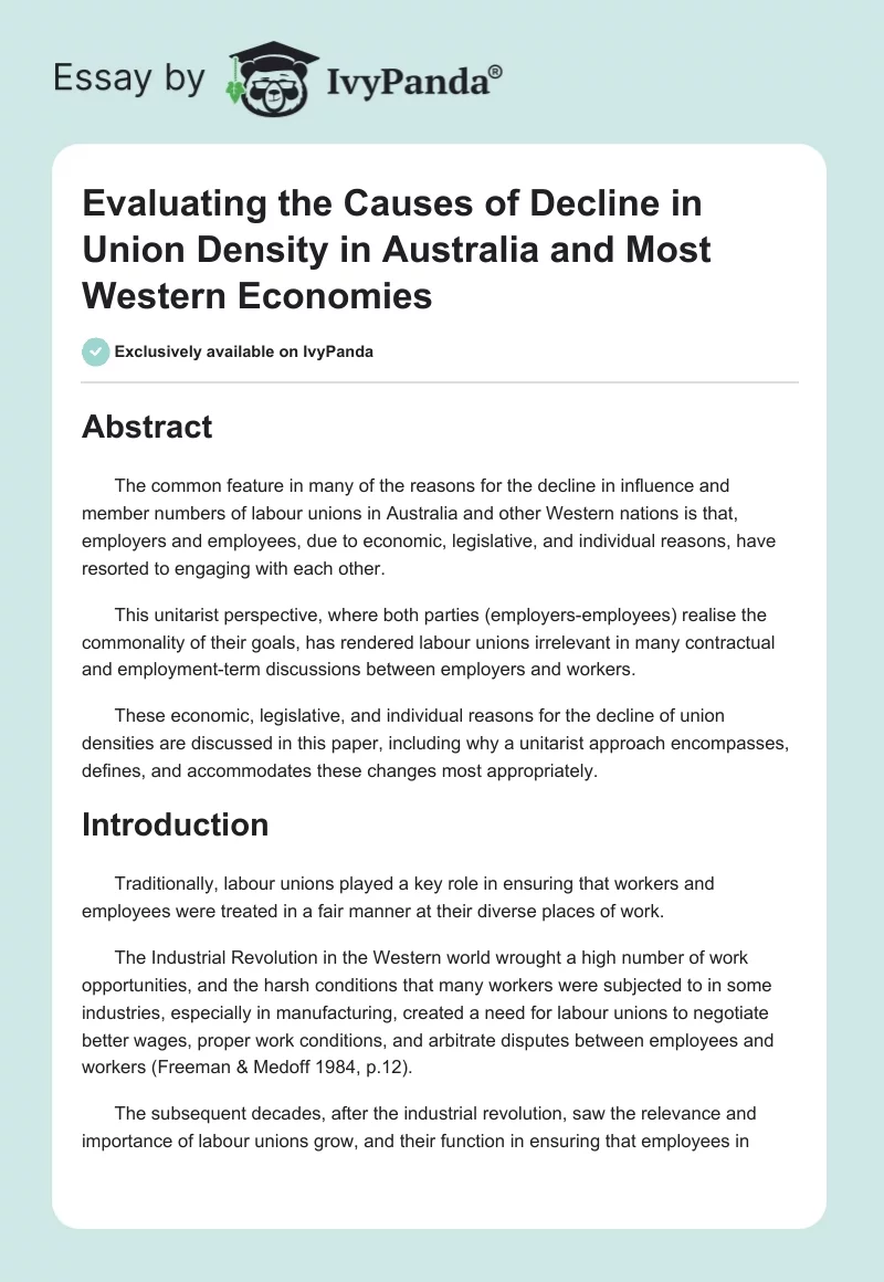 Evaluating the Causes of Decline in Union Density in Australia and Most Western Economies. Page 1