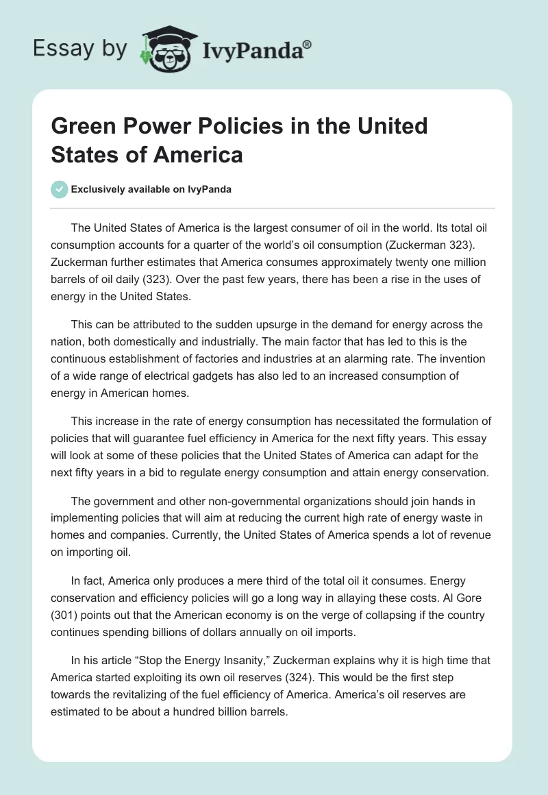 Green Power Policies in the United States of America. Page 1