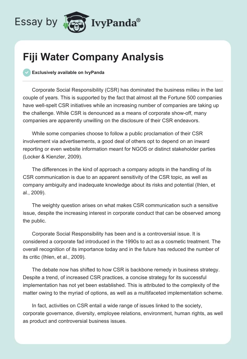Fiji Water Company Analysis. Page 1