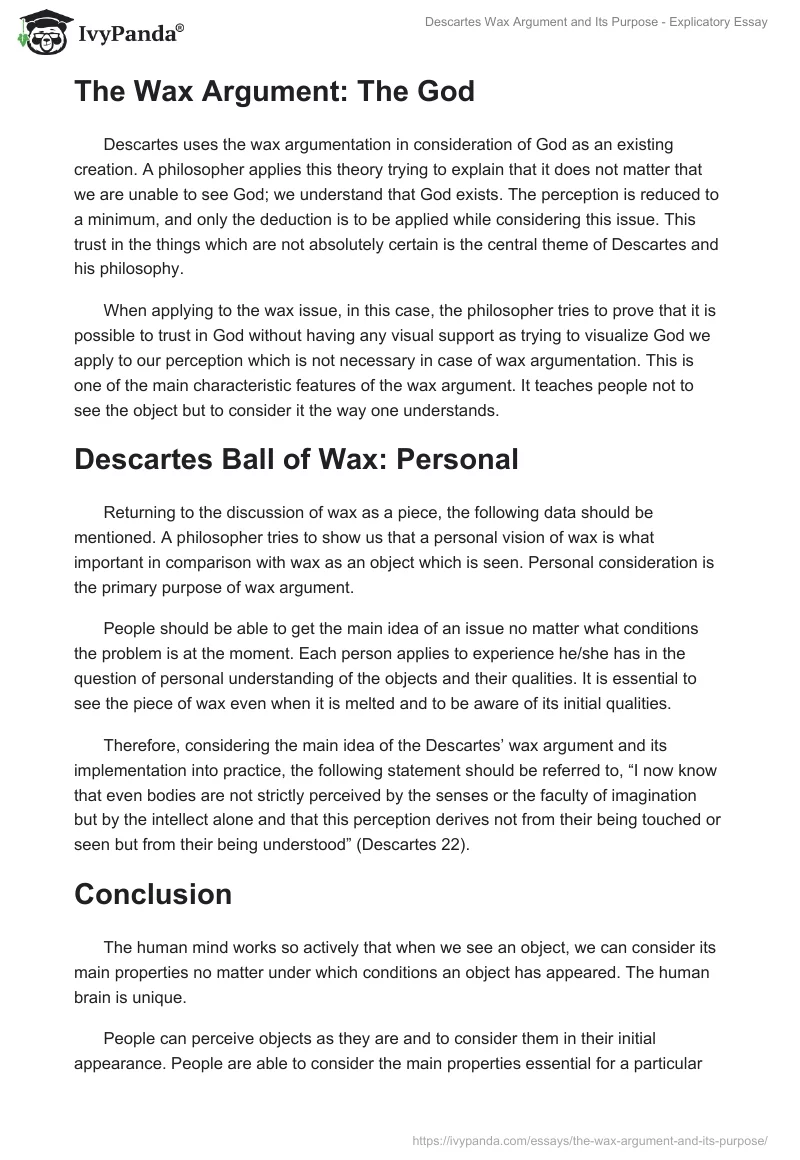 Descartes Wax Argument and Its Purpose - Explicatory Essay. Page 3
