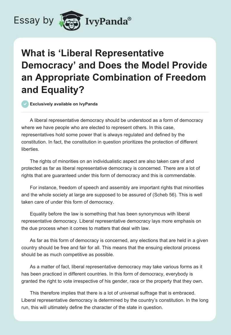What Is ‘Liberal Representative Democracy’ and Does the Model Provide an Appropriate Combination of Freedom and Equality?. Page 1