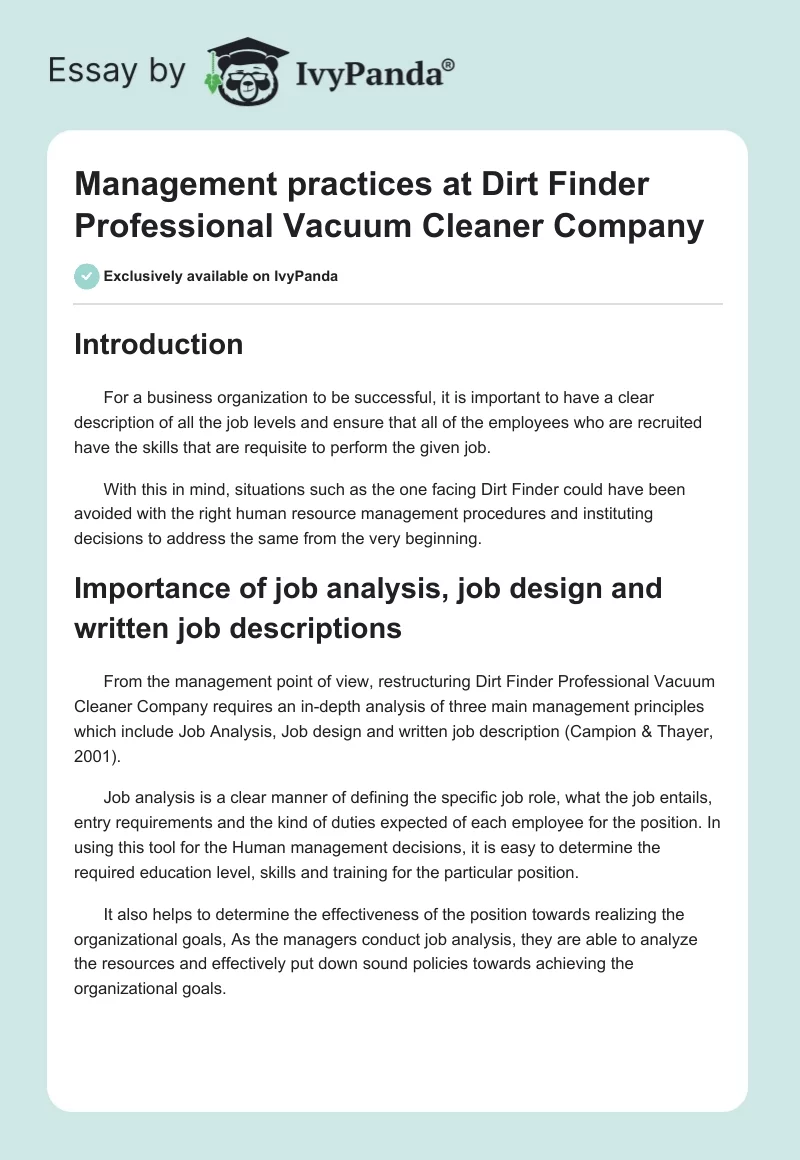 Management practices at Dirt Finder Professional Vacuum Cleaner Company. Page 1