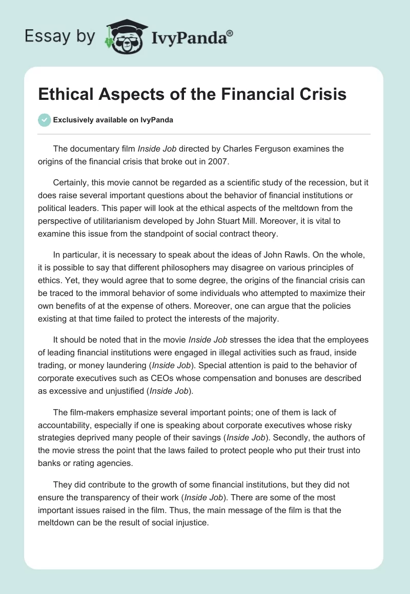 Ethical Aspects of the Financial Crisis. Page 1