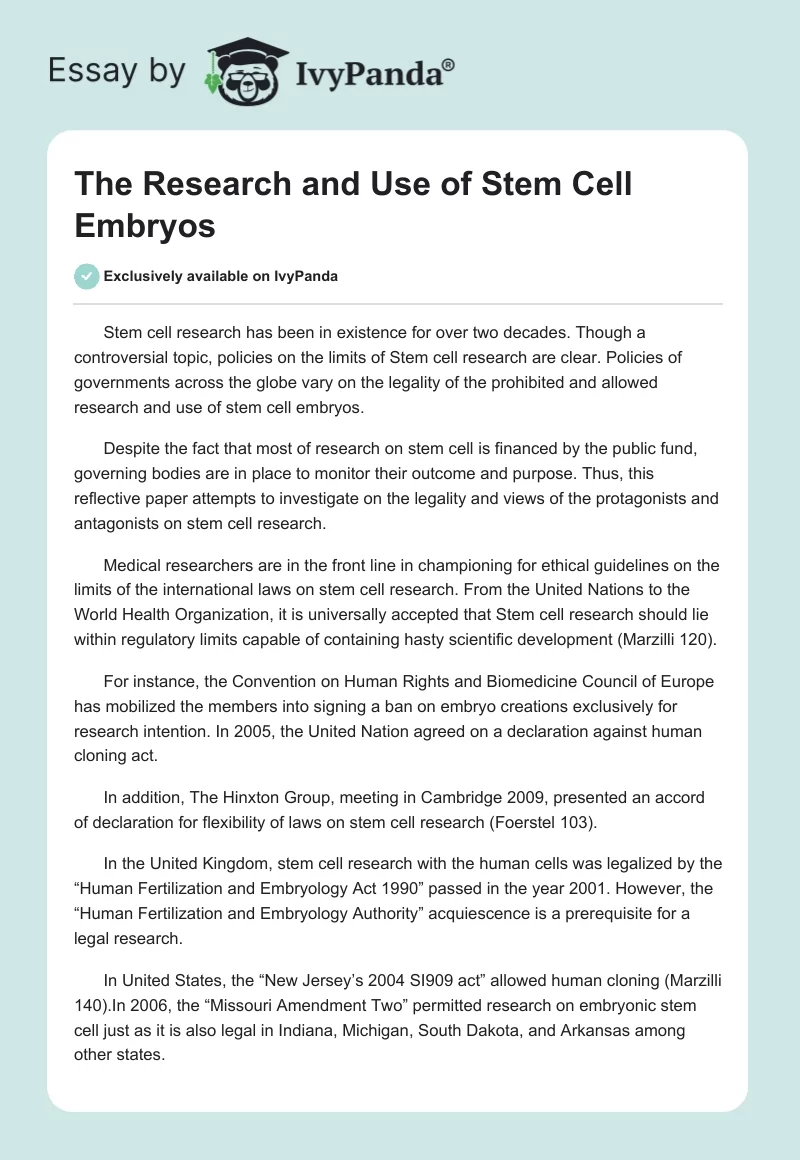 The Research and Use of Stem Cell Embryos. Page 1