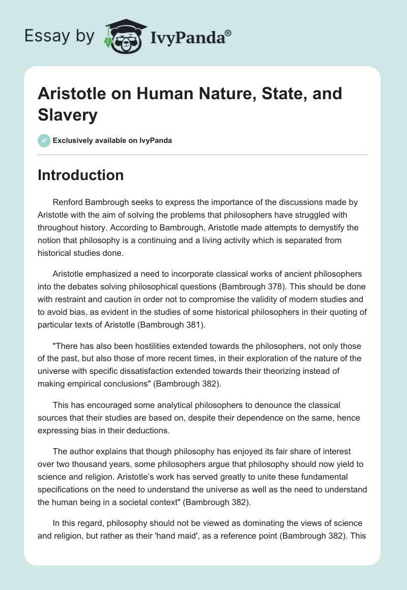Aristotle on Human Nature, State, and Slavery. Page 1