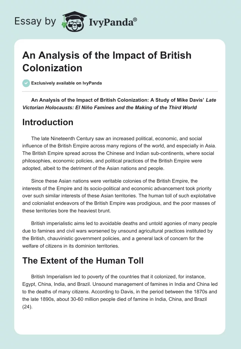 An Analysis of the Impact of British Colonization. Page 1