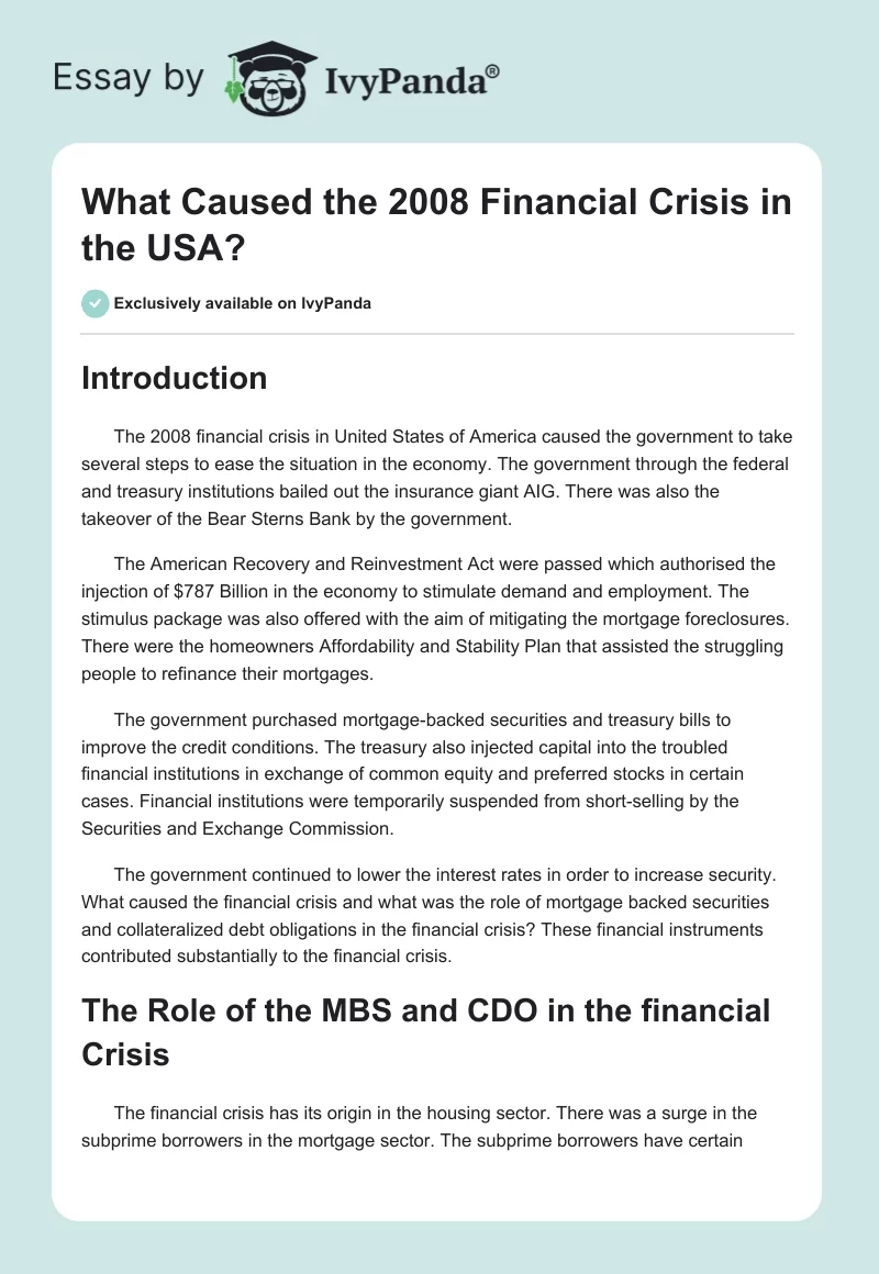 What Caused the 2008 Financial Crisis in the USA?. Page 1