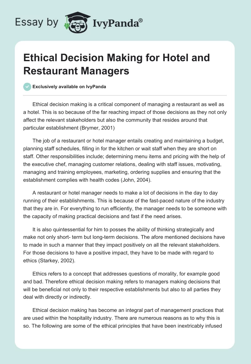 Ethical Decision Making for Hotel and Restaurant Managers. Page 1