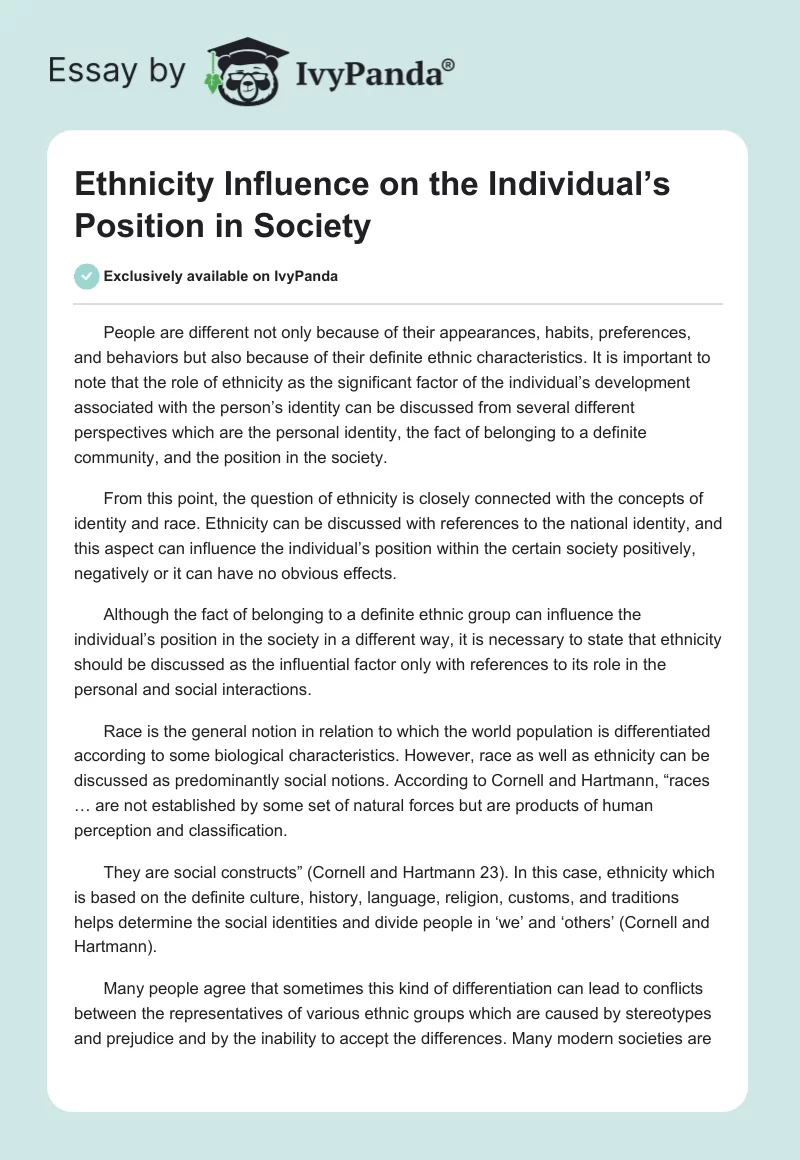 Ethnicity Influence on the Individual’s Position in Society. Page 1