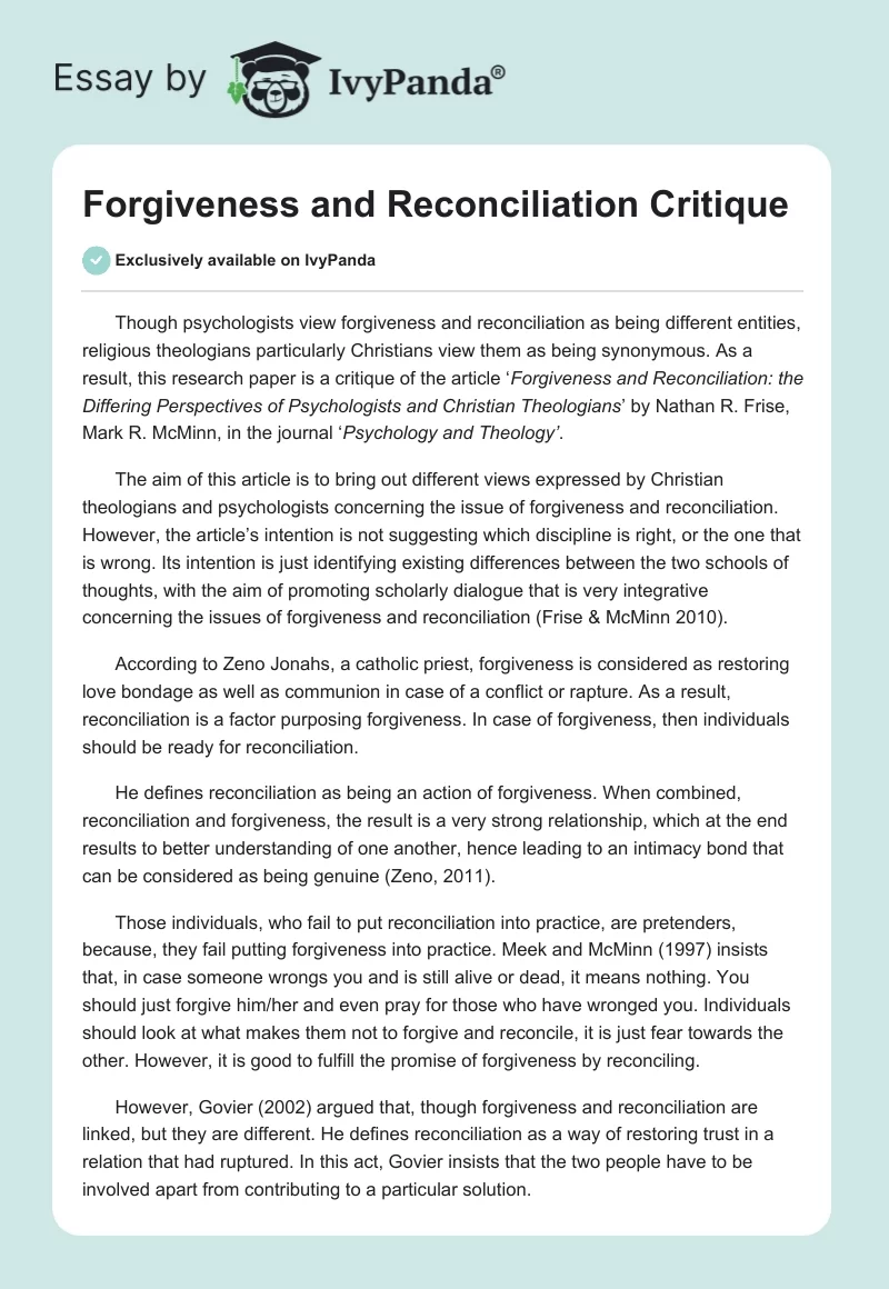 Forgiveness and Reconciliation Critique. Page 1