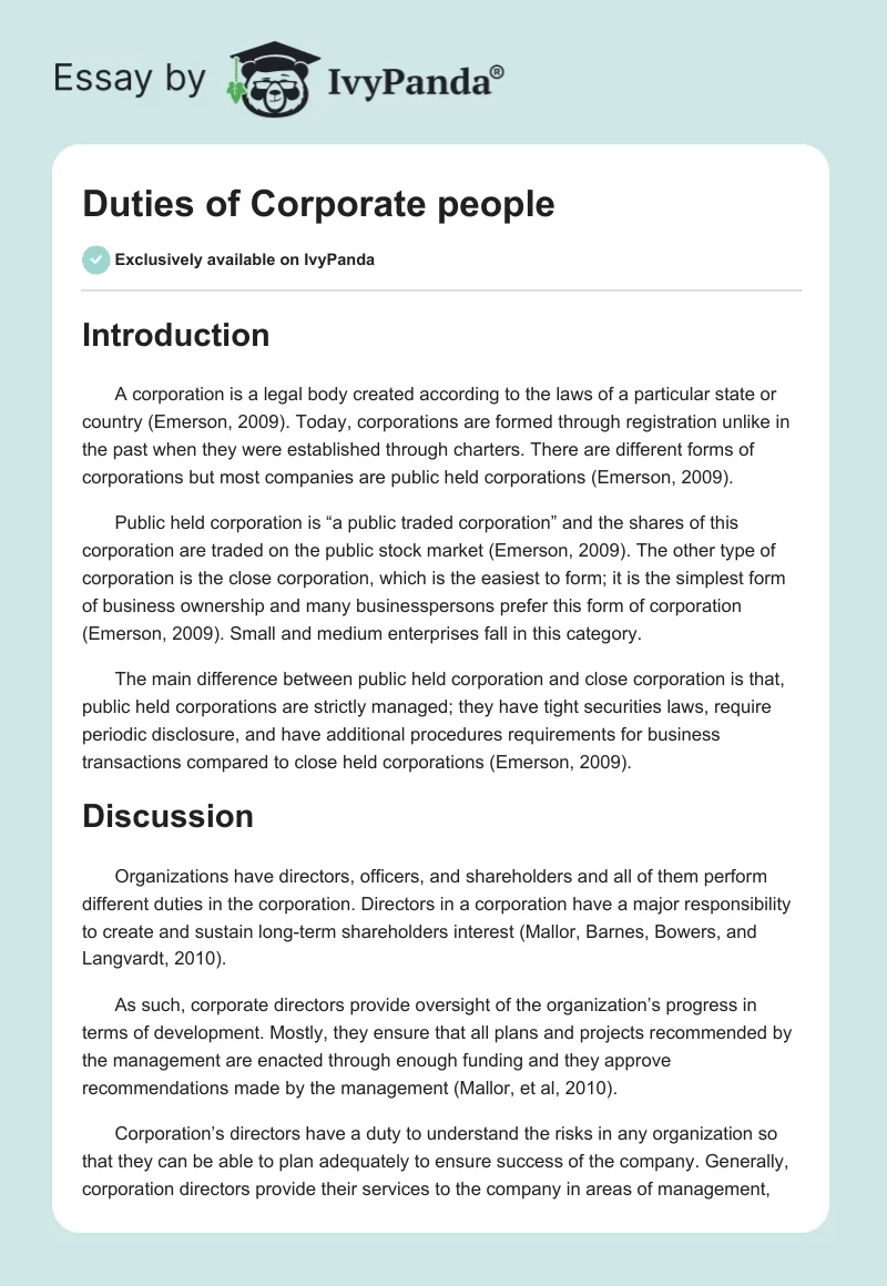 Duties of Corporate people. Page 1