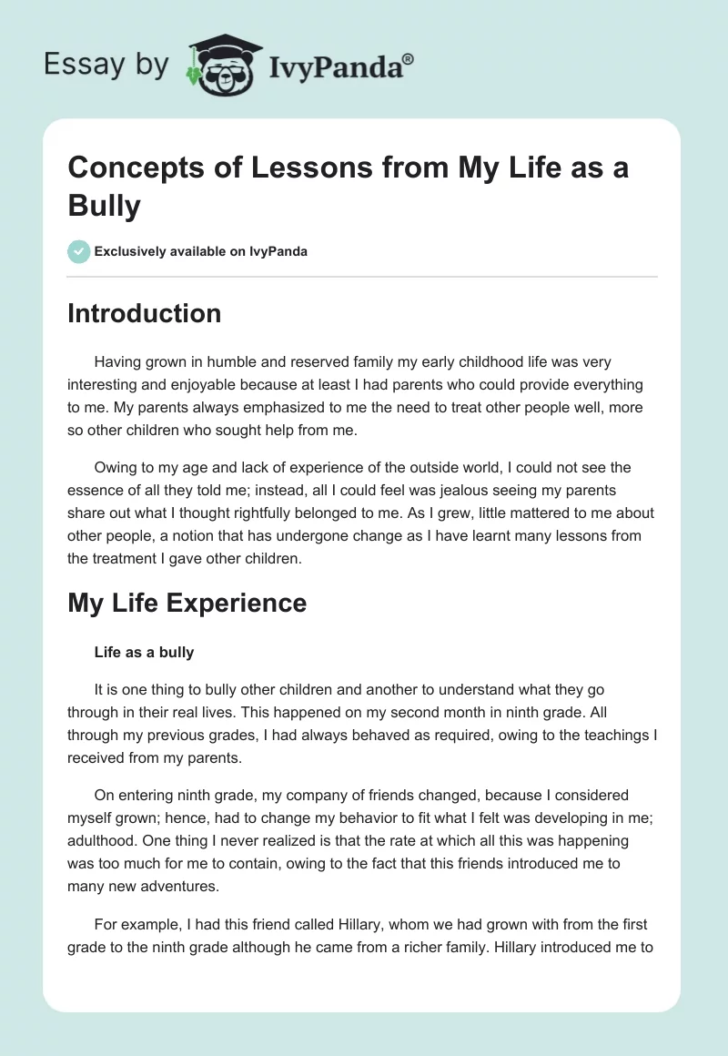 Concepts of Lessons from My Life as a Bully. Page 1