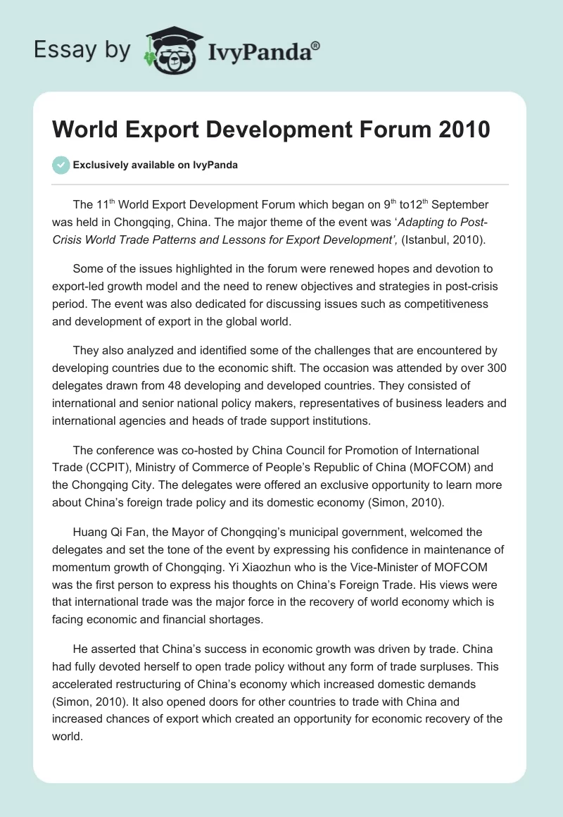 World Export Development Forum 2010. Page 1