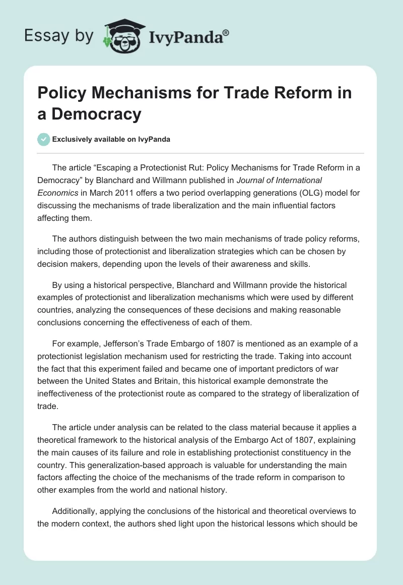 Policy Mechanisms for Trade Reform in a Democracy. Page 1