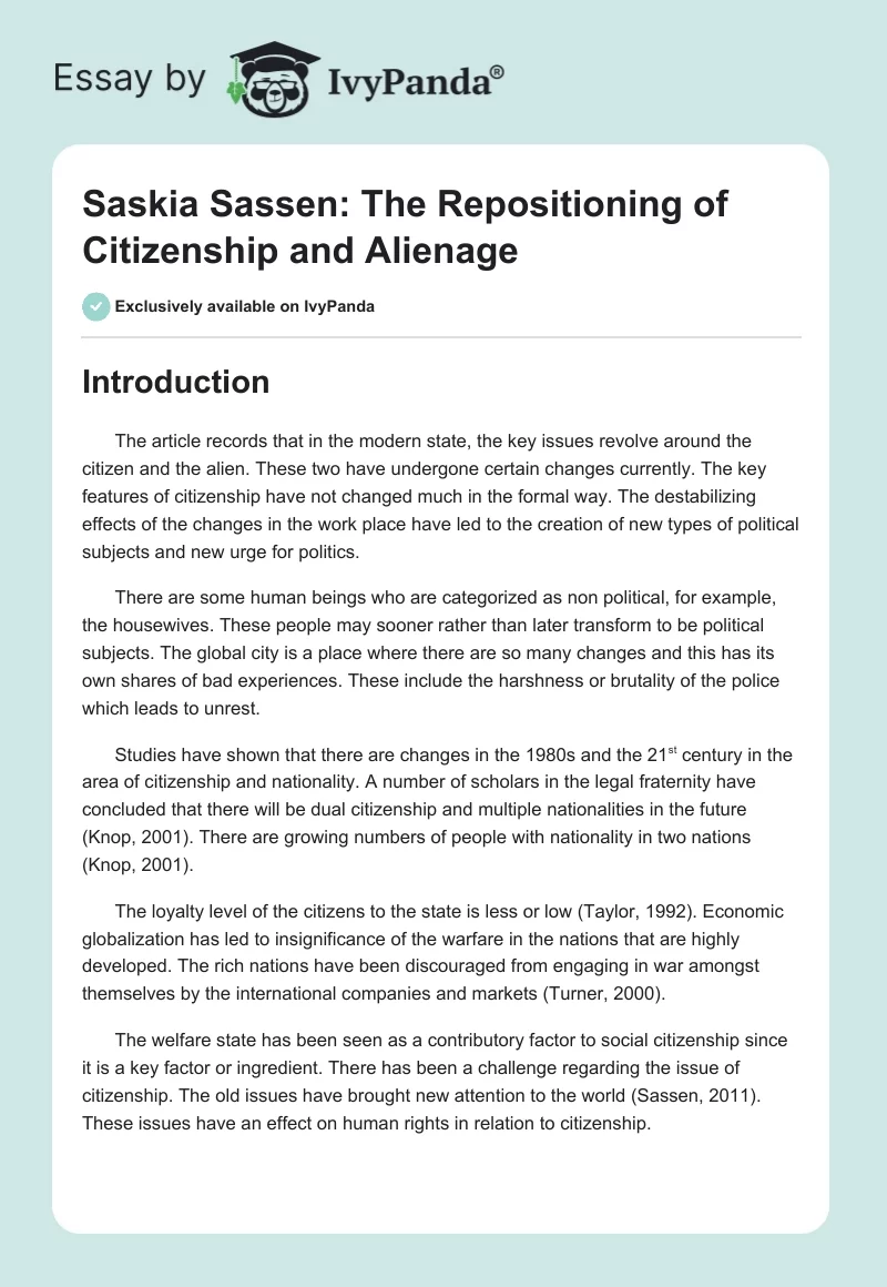 Saskia Sassen: The Repositioning of Citizenship and Alienage. Page 1