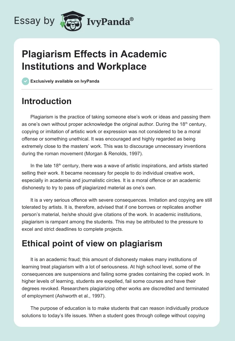 Plagiarism Effects in Academic Institutions and Workplace. Page 1