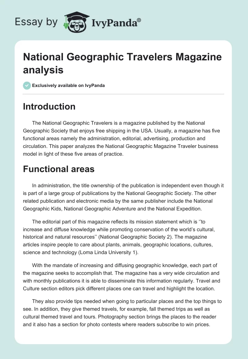 National Geographic Travelers Magazine analysis. Page 1