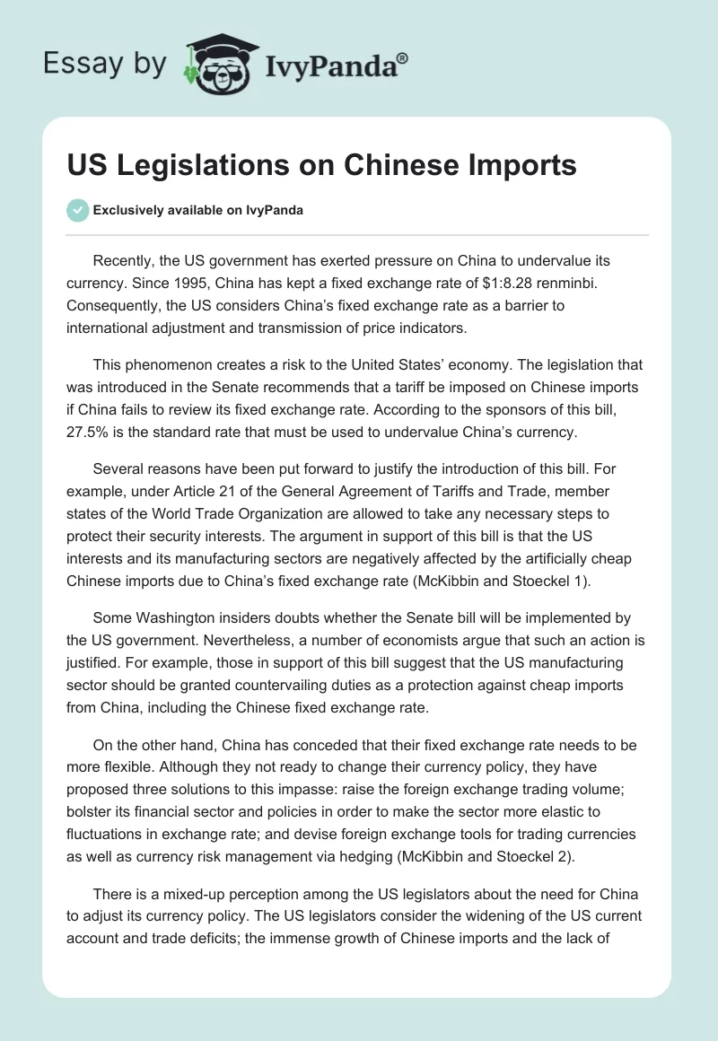 US Legislations on Chinese Imports. Page 1