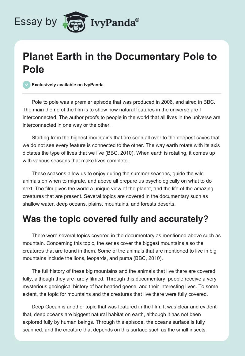 Planet Earth in the Documentary "Pole to Pole". Page 1